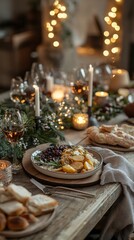 Rustic Thanksgiving setup with warm lighting, cozy blankets, and holiday-themed dishes