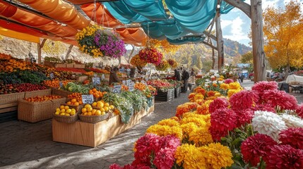 Fototapeta premium Vibrant Autumn Farmers Market: A Colorful Harvest Display