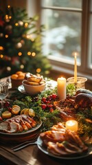 Fototapeta premium Thanksgiving celebration with an elegantly decorated table, seasonal food, and candlelight