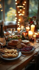 Naklejka premium Thanksgiving celebration with an elegantly decorated table, seasonal food, and candlelight