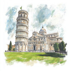 A detailed pencil drawing style illustration of the Leaning Tower of Pisa, Italy. A painting with the concept of travel, tourism, landmarks, history, and architecture.