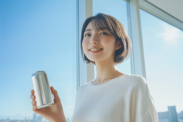 Portrait of a smiling young woman with short hair standing by a window full of natural light, holding a silver can. Beverage advertising model.