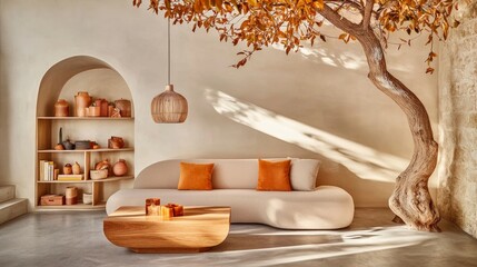 Modern Beige Living Room  Curved Sofa  Wooden Coffee Table  Natural Light  Interior Design