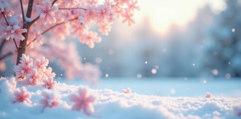 Obraz premium Delicate pastel winter scene; soft snowflakes drift on a serene background , serene, abstract, subtle