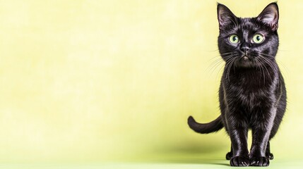Elegant Black Cat on Yellow Background  Pet Portrait  Adorable Kitten  Domestic Animal