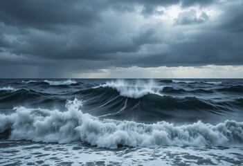 Fototapeta premium Ocean's Fury Dramatic Seascape Waves Crashing Under A Stormy Sky. Deep Blues Grays Create An Intense Powerful Image. Nature's Raw Beauty Showcased. Perfect For Impactful Visuals.