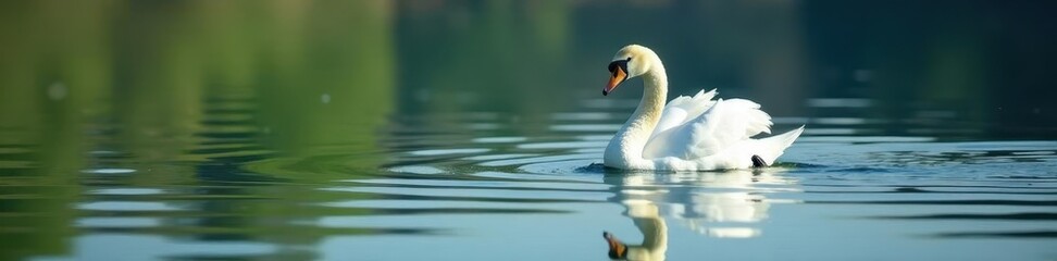 Fototapeta premium Graceful white swan glides across calm lake surface, graceful, elegant