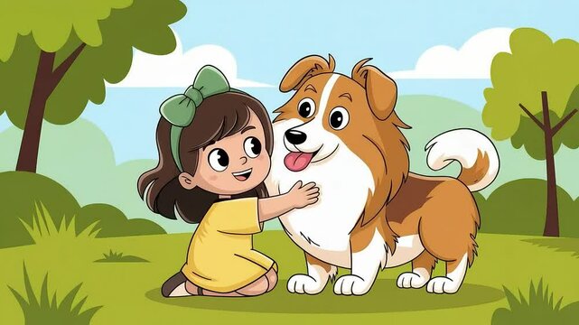 A cheerful, animated little girl happily hugs her fluffy, smiling corgi dog in a lush, green park