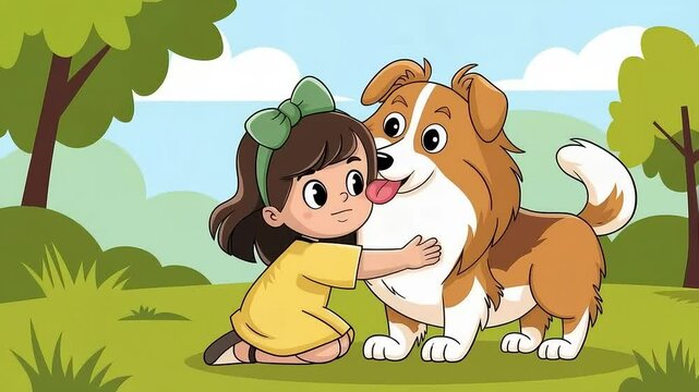 Young cartoon girl embracing a friendly corgi dog in a park, showcasing a vibrant, animated scene