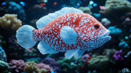 Obraz premium Red-white fish swimming coral reef aquarium