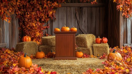 Obraz premium Autumnal Barn Scene with Pumpkins and Hay Bales