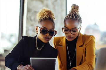 Two African-American women in stylish fashion are looking at a tablet and having a business meeting. Professional business women or career woman.