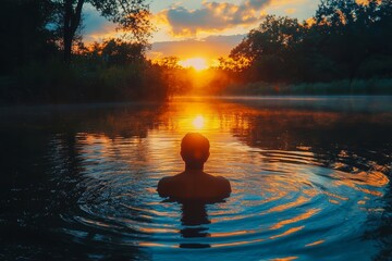 Serene Sunrise Person Silhouetted in Calm River Water at Dawn
