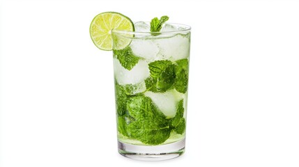refreshing mojito cocktail with mint leaves, lime slice, and ice cubes in clear glass