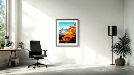 Autumn Mountain Landscape  Minimalist Home Office Decor  Framed Print