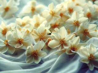 Delicate White Jasmine Blossoms on Soft Sheer Fabric Floral Background