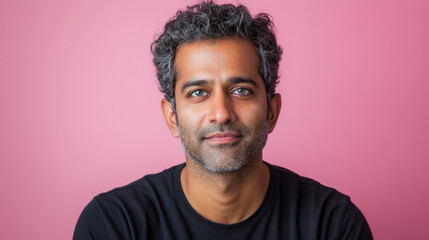Fototapeta premium An attractive Indian man in his late thirties with short curly hair and stubble, generative AI