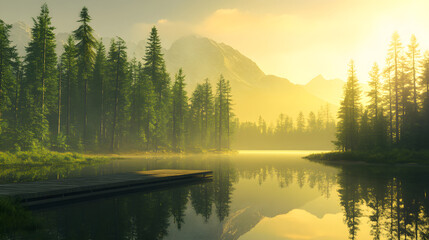 Fototapeta premium Golden Lake Sunset Reflection: Tranquility and Serenity Captured in Nature's Embrace