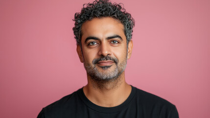 Fototapeta premium An attractive Indian man in his late thirties with short curly hair and stubble, generative AI