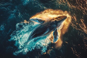 Obraz premium Majestic Humpback Whale Breaching Ocean Surface Aerial View Golden Light