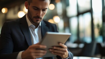 A businessman looking intently at a digital tablet screen in a cafe