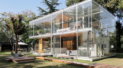 Modern Glass House Surrounded by Lush Greenery Showcasing Contemporary Architecture Design