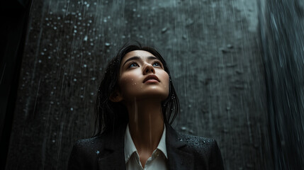 Fototapeta premium confident woman in professional attire gazes upwards during downpour, showing resilience and hope against urban backdrop