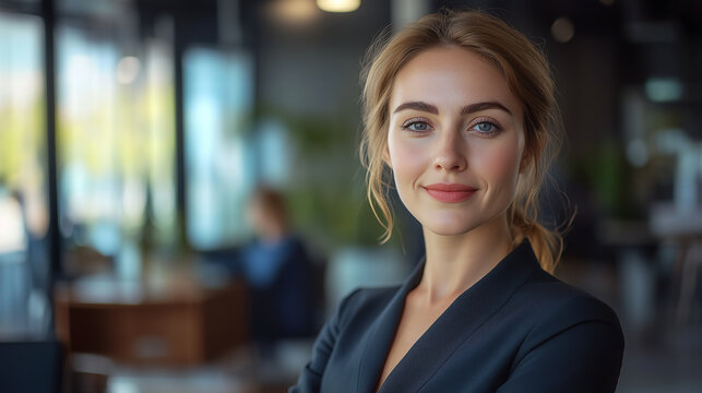 Confident businesswoman portrait in modern office delegating tasks, exuding positivity and approachability with genuine smile