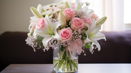 Obraz premium Romantic floral arrangement with roses and lilies in a glass vase display