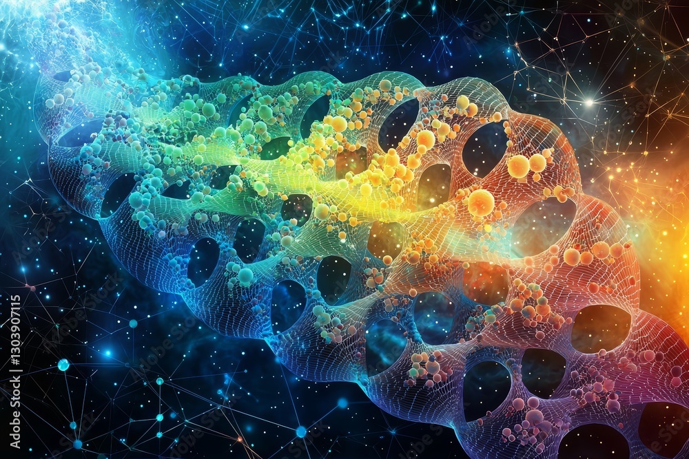Wall mural abstract cosmic nebula colorful 3d mesh network with illuminated spheres