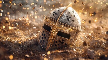 Medieval Knight Helmet in Battle Aftermath History War Armor Ancient Combat Ground Metal Gold