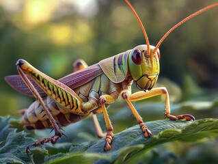 Vibrant Close up of a Striking Grasshopper on a Leaf in Nature