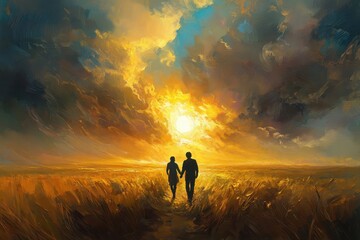 oil paint scene with heartwarming scene of love couple walking with together in golden field over a vast field towards a bright and powerful sun.