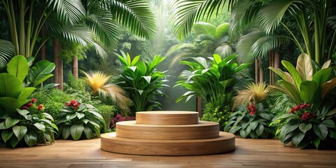 Fototapeta premium A wooden podium centered on a lush green foliage of exotic tropical plants and flowers in a bright and airy setting, flowers