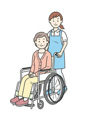 車椅子の高齢女性と介助ををする人物イラスト