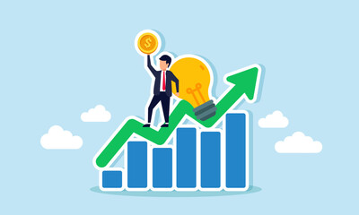 Businessman stands on a chart graph beside a lit lamp while lifting a dollar coin, illustration of increasing profit, revenue, and business valuation through ideas and innovations