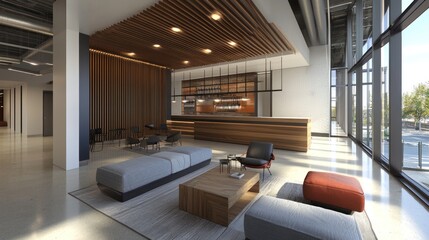 Naklejka premium Modern Lobby Interior Design: Sunlit Workspace with Wooden Accents