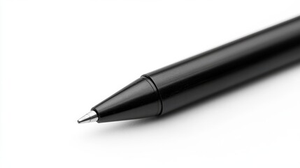 A close up view of a black ballpoint writing instrument