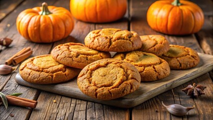 Warmly glowing pumpkin spice cookies sit on a rustic wooden kitchen counter, their edges lightly cracked and slightly puffed from cooling , sweet indulgence, autumnal treats