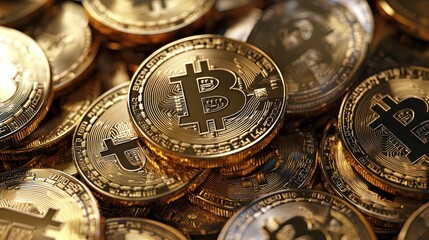 Pile of Golden Bitcoins: Cryptocurrency Digital Currency