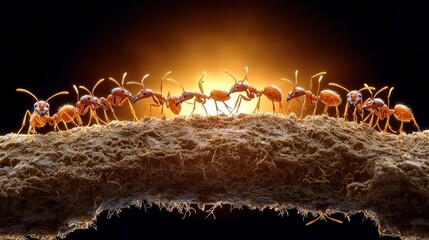 Fototapeta premium Ants marching across a leaf nature close-up vibrant sunset macro photography insects in action