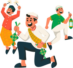 Karakter Anak Laki-laki Merayakan Idul Fitri membawa Ketupat, Lentera, Kembang Api