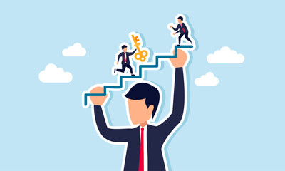 A giant businessman lifts a staircase shaped line while another passes a key, illustration of a strong holding company help subsidiaries grow through business efficiency solutions
