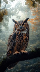 Obraz premium A majestic owl perches on a branch, surrounded by a misty forest backdrop, showcasing its striking plumage and intense gaze.