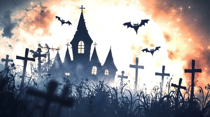 Fototapeta premium Spooky Halloween Night Haunted House Graveyard Bats Full Moon