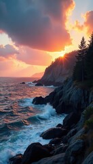 Epic cloudscape over rugged Lake Superior shoreline at sunrise , daybreak, picture, rugged