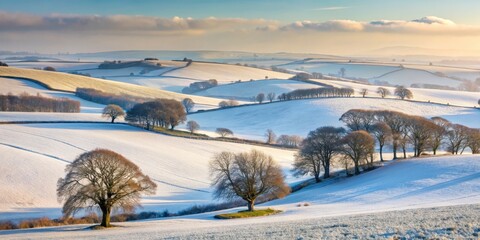 Serene winter landscape with rolling hills and snow-covered trees in the Yorkshire Wolds , hilly landscape, yorkshire wolds
