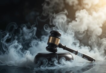 Wooden Gavel On Podium. Symbol Of Law, Justice, And Authority. Elegant Composition With Smoke. Represents Order. Professional Resource For Legal Documents, Presentations, And Websites.