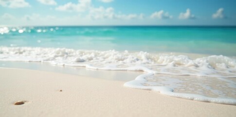 Fine white sand, soft focus ocean waves Idyllic summer beach , heat, holiday, day
