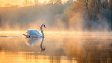 Fototapeta premium Mute swan gliding across misty lake at dawn , peaceful scene, swan, peaceful scene, swan